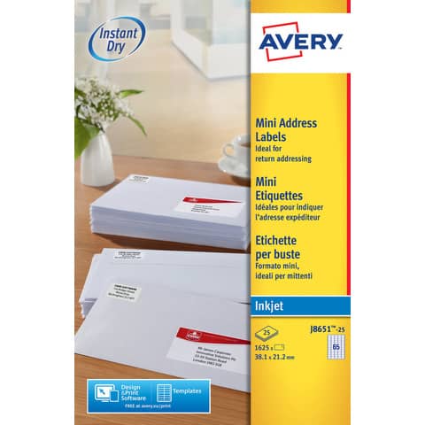 Etichette bianche per buste AVERY QuickDRY™ 38,1x21,2 mm - 65 et/foglio - stampanti inkjet - cf. 25 fogli J8651-25